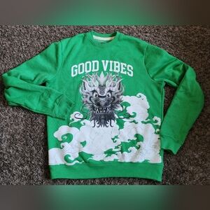Blind Rooster Dragon Good Vibes Green Cotton Pullover Sweater S